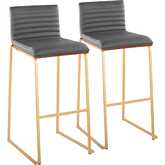 Mason Mara 30" Bar Stool in Gold, Walnut Wood & Grey Leatherette (Set of 2)